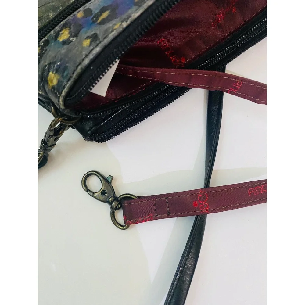 Anuschka‎ Hand Painted Leather Crossbody Bag Rose Butterfly Leopard Print Gray